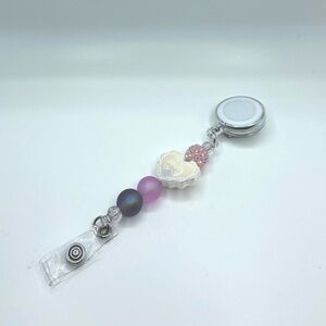 Pink, Purple and White Heart Beaded Badge Reel